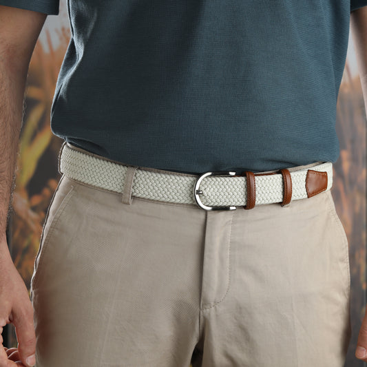 Rahat ve Şık Örgü Erkek Kemeri, Uniseks Kullanıma Uygun Kemer, Hakiki Deri Aksesuarlı Elastik Erkek Kemer, 3.5 cm Genişlik