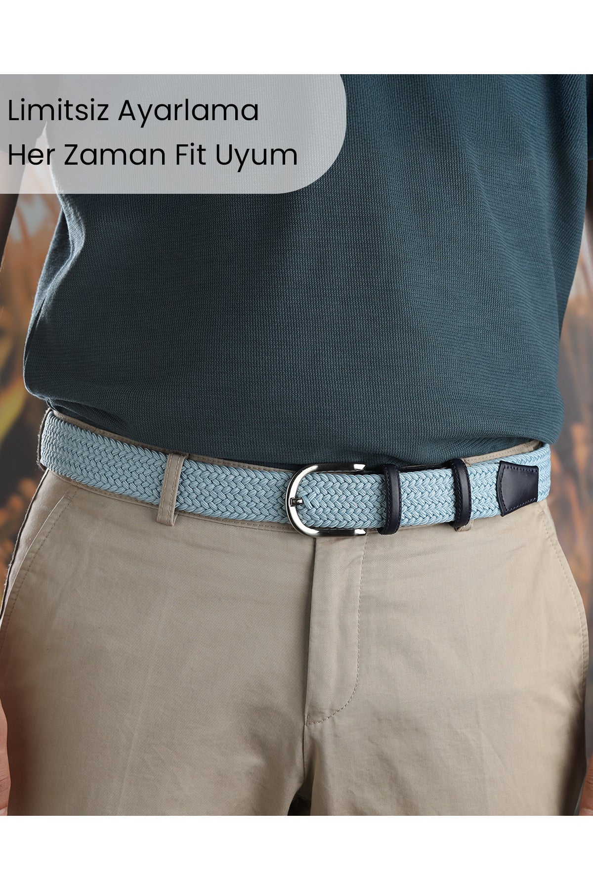 BOYD Rahat ve Şık Örgü Erkek Kemeri, Uniseks Kullanıma Uygun Kemer, Hakiki Deri Aksesuarlı Elastik Bebe Mavisi Erkek Kemer, 3.5 cm Genişlik