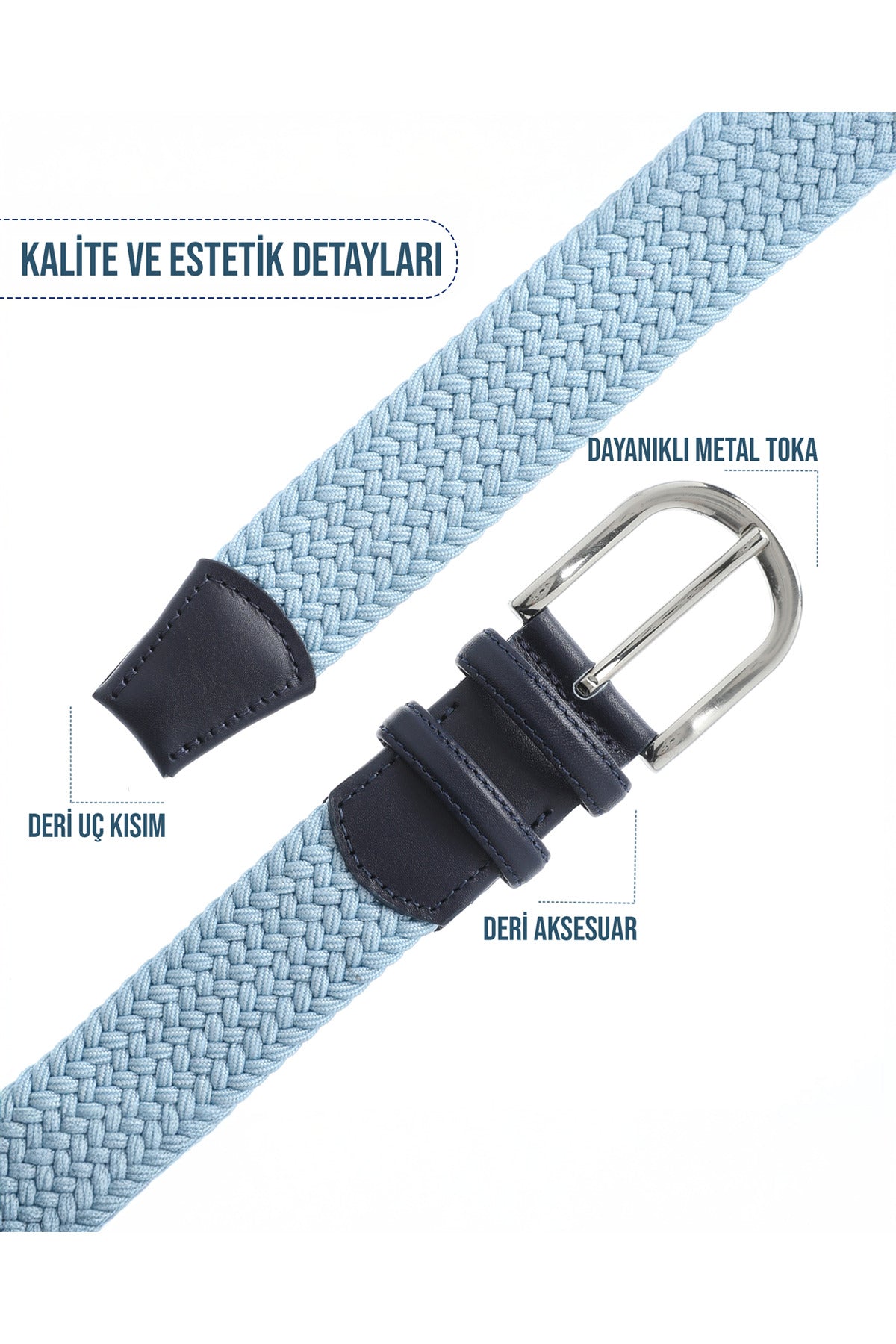 BOYD Rahat ve Şık Örgü Erkek Kemeri, Uniseks Kullanıma Uygun Kemer, Hakiki Deri Aksesuarlı Elastik Bebe Mavisi Erkek Kemer, 3.5 cm Genişlik