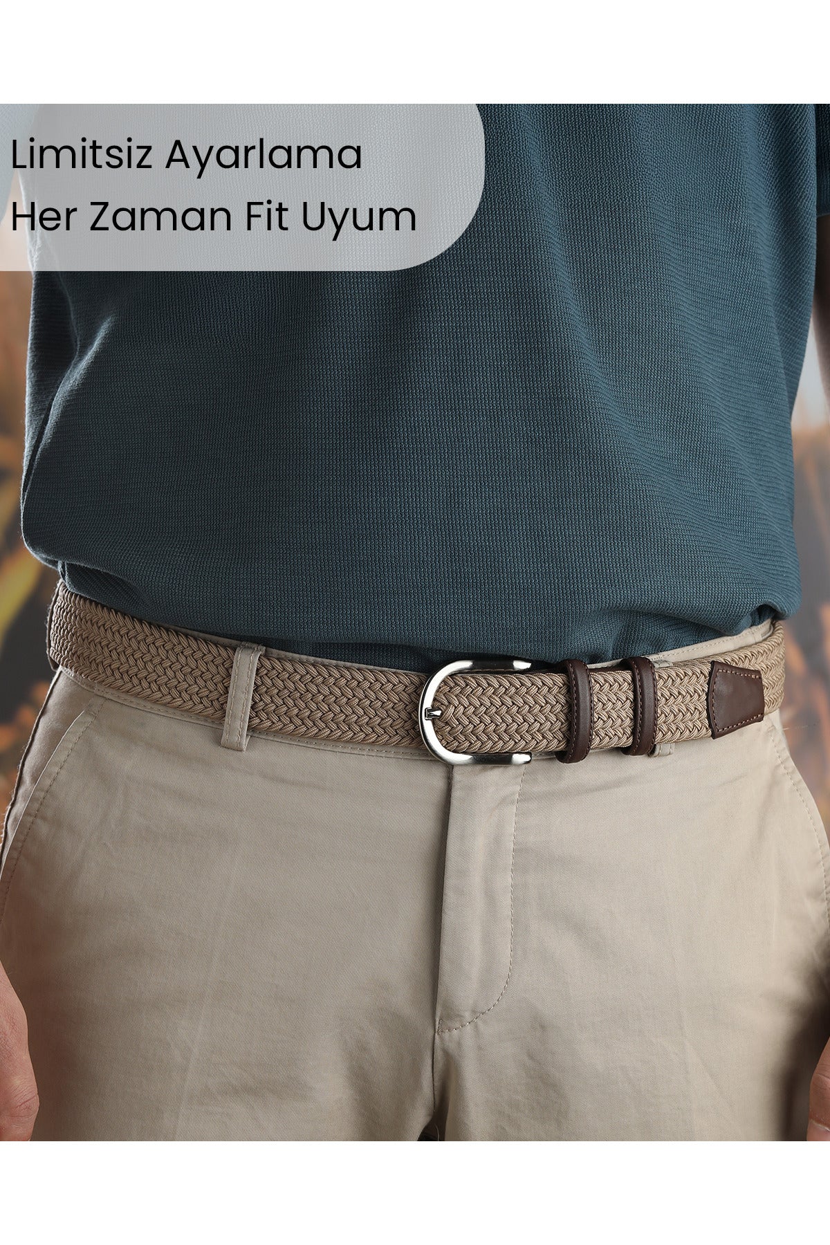 BOYD Rahat ve Şık Örgü Erkek Kemeri, Uniseks Kullanıma Uygun Kemer, Hakiki Deri Aksesuarlı Elastik Bej Erkek Kemer, 3.5 cm Genişlik