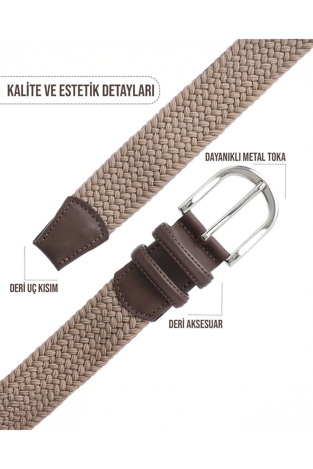 BOYD Rahat ve Şık Örgü Erkek Kemeri, Uniseks Kullanıma Uygun Kemer, Hakiki Deri Aksesuarlı Elastik Bej Erkek Kemer, 3.5 cm Genişlik