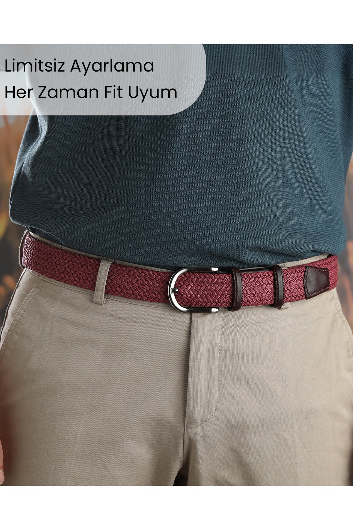 BOYD Rahat ve Şık Örgü Erkek Kemeri, Uniseks Kullanıma Uygun Kemer, Hakiki Deri Aksesuarlı Elastik Bordo Erkek Kemer, 3.5 cm Genişlik