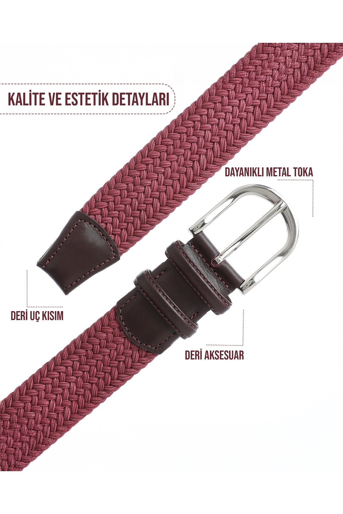 BOYD Rahat ve Şık Örgü Erkek Kemeri, Uniseks Kullanıma Uygun Kemer, Hakiki Deri Aksesuarlı Elastik Bordo Erkek Kemer, 3.5 cm Genişlik