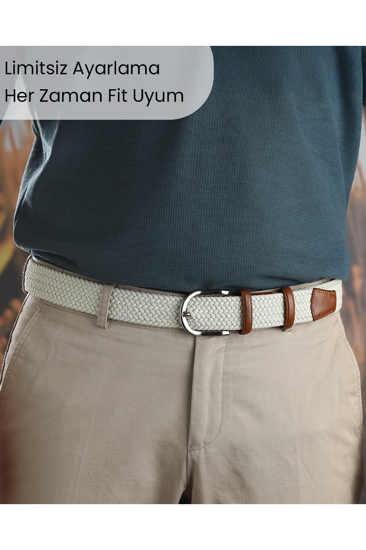 BOYD Rahat ve Şık Örgü Erkek Kemeri, Uniseks Kullanıma Uygun Kemer, Hakiki Deri Aksesuarlı Elastik Ekru Erkek Kemer, 3.5 cm Genişlik