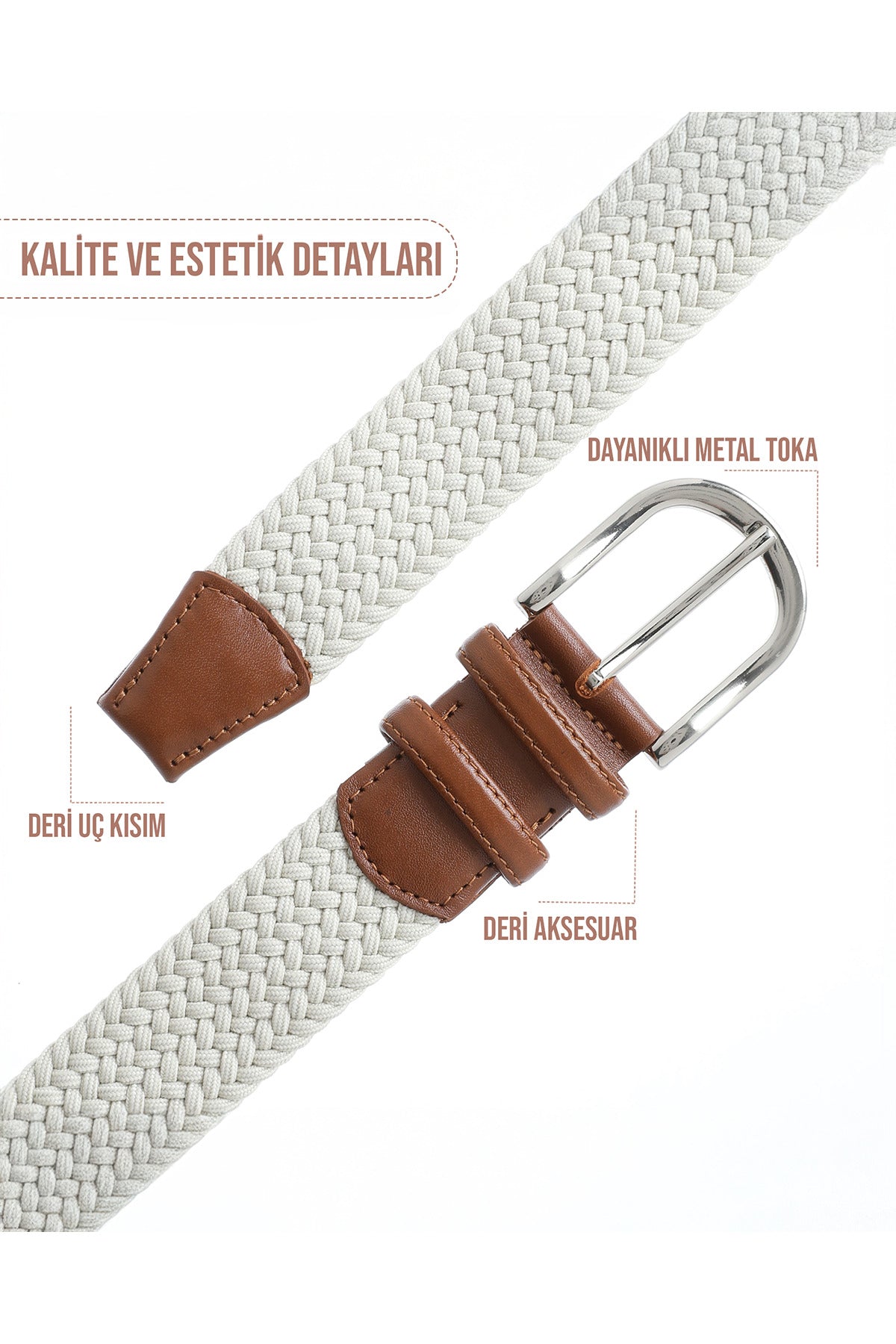 BOYD Rahat ve Şık Örgü Erkek Kemeri, Uniseks Kullanıma Uygun Kemer, Hakiki Deri Aksesuarlı Elastik Ekru Erkek Kemer, 3.5 cm Genişlik