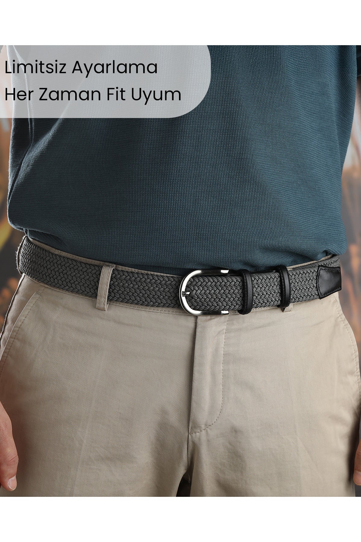 BOYD Rahat ve Şık Örgü Erkek Kemeri, Uniseks Kullanıma Uygun Kemer, Hakiki Deri Aksesuarlı Elastik Gri Erkek Kemer, 3.5 cm Genişlik
