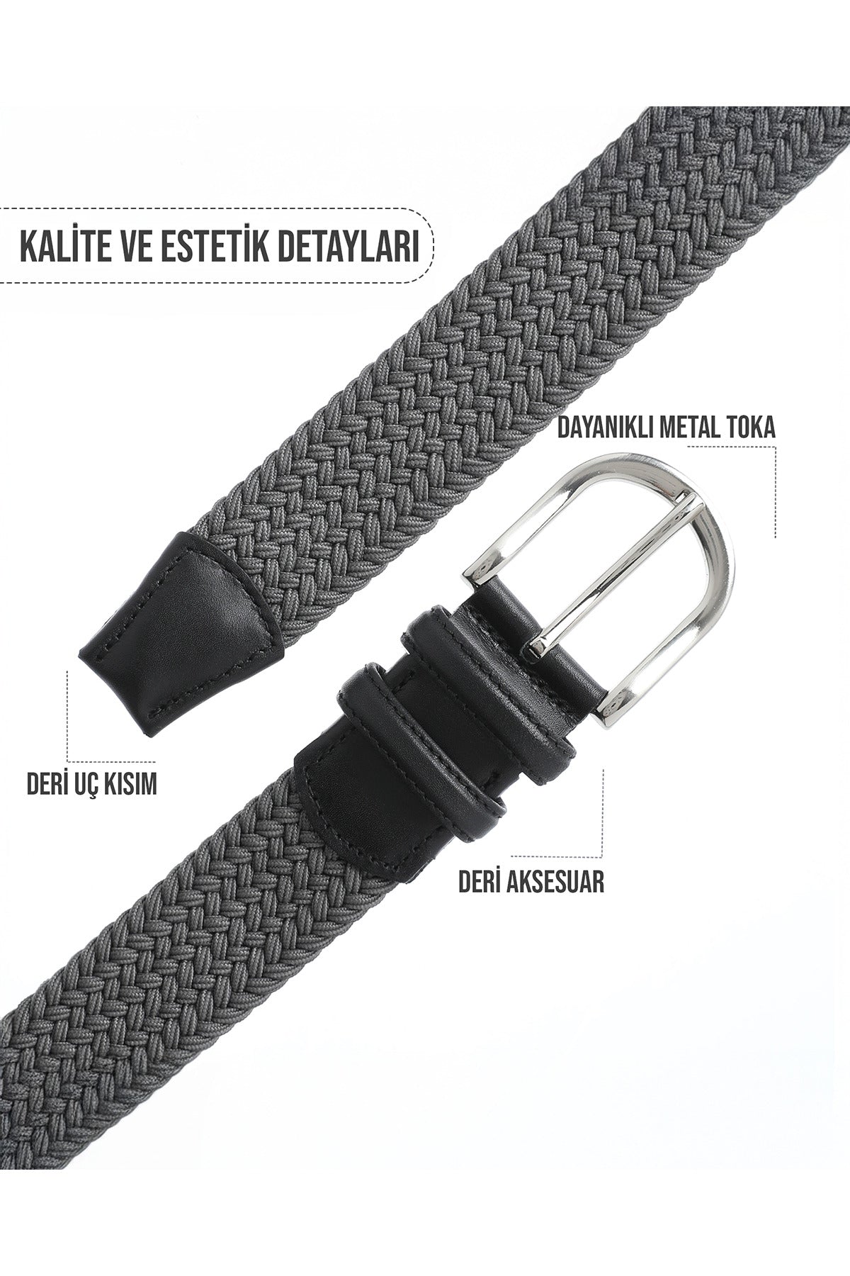 BOYD Rahat ve Şık Örgü Erkek Kemeri, Uniseks Kullanıma Uygun Kemer, Hakiki Deri Aksesuarlı Elastik Gri Erkek Kemer, 3.5 cm Genişlik