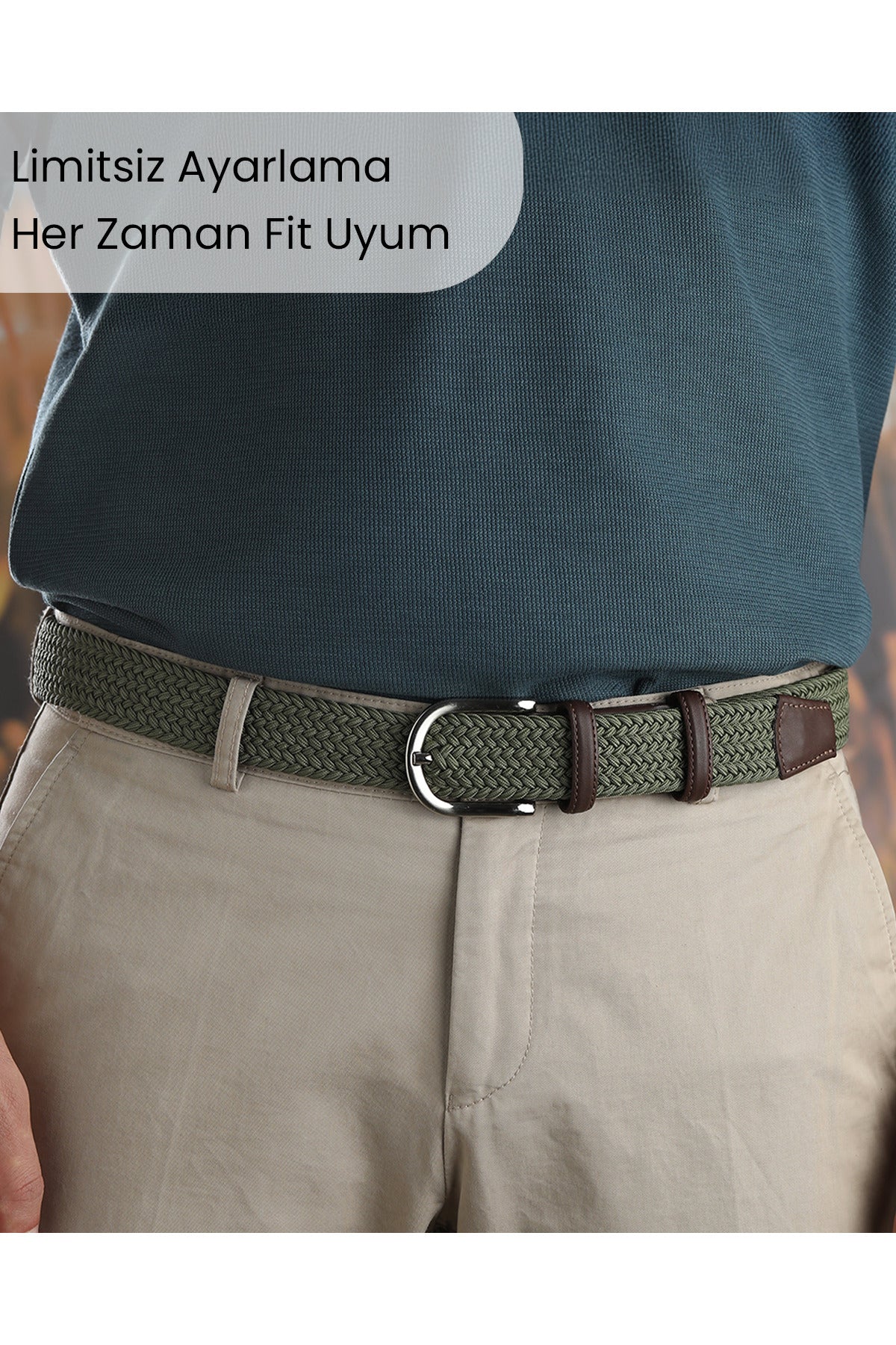 BOYD Rahat ve Şık Örgü Erkek Kemeri, Uniseks Kullanıma Uygun Kemer, Hakiki Deri Aksesuarlı Elastik Haki Erkek Kemer, 3.5 cm Genişlik