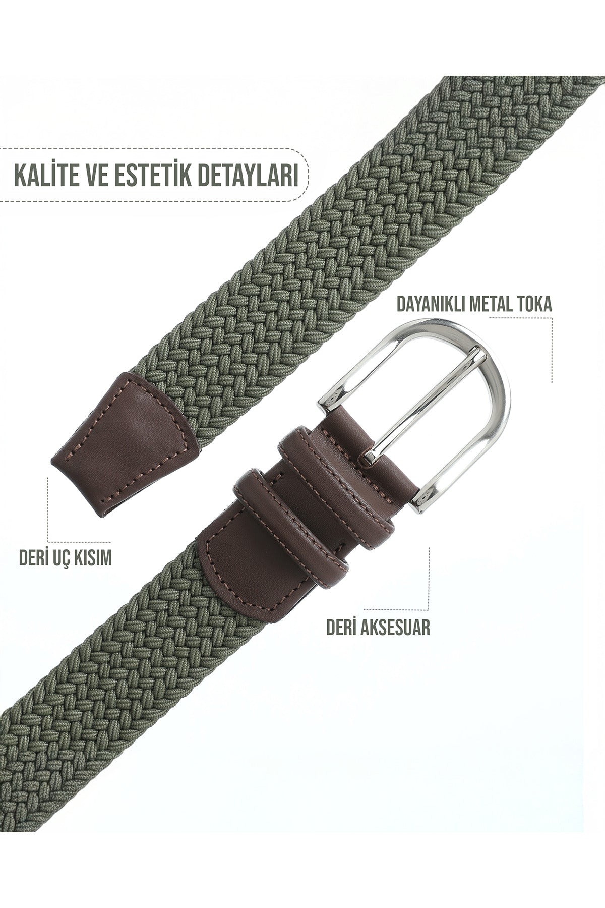 BOYD Rahat ve Şık Örgü Erkek Kemeri, Uniseks Kullanıma Uygun Kemer, Hakiki Deri Aksesuarlı Elastik Haki Erkek Kemer, 3.5 cm Genişlik