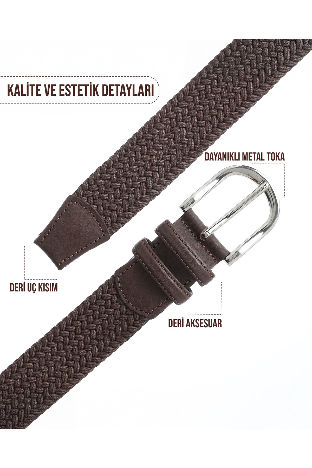 BOYD Rahat ve Şık Örgü Erkek Kemeri, Uniseks Kullanıma Uygun Kemer, Hakiki Deri Aksesuarlı Elastik Kahve Erkek Kemer, 3.5 cm Genişlik
