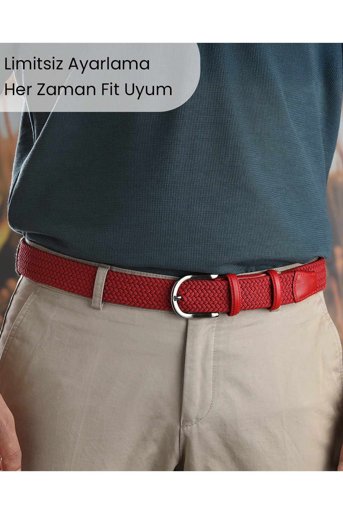 BOYD Rahat ve Şık Örgü Erkek Kemeri, Uniseks Kullanıma Uygun Kemer, Hakiki Deri Aksesuarlı Elastik Kırmızı Erkek Kemer, 3.5 cm Genişlik