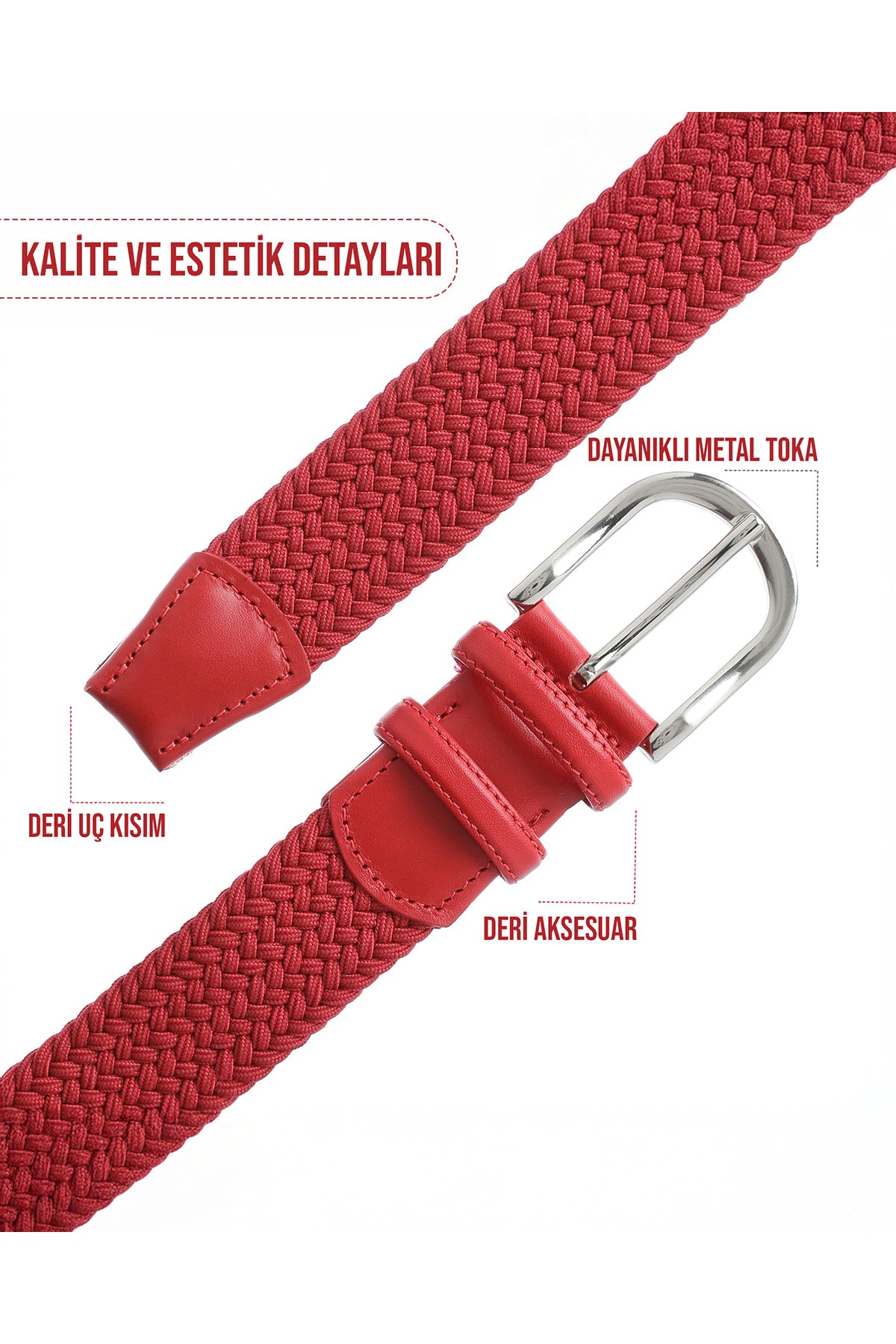 BOYD Rahat ve Şık Örgü Erkek Kemeri, Uniseks Kullanıma Uygun Kemer, Hakiki Deri Aksesuarlı Elastik Kırmızı Erkek Kemer, 3.5 cm Genişlik