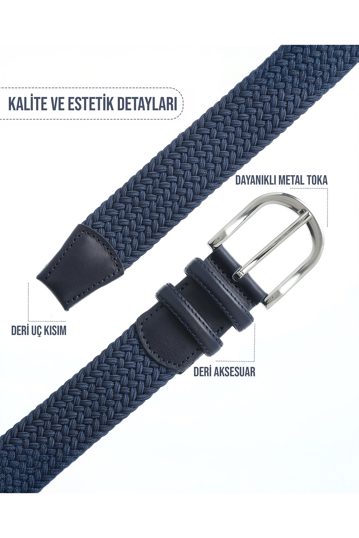 BOYD Rahat ve Şık Örgü Erkek Kemeri, Uniseks Kullanıma Uygun Kemer, Hakiki Deri Aksesuarlı Elastik Lacivert Erkek Kemer, 3.5 cm Genişlik