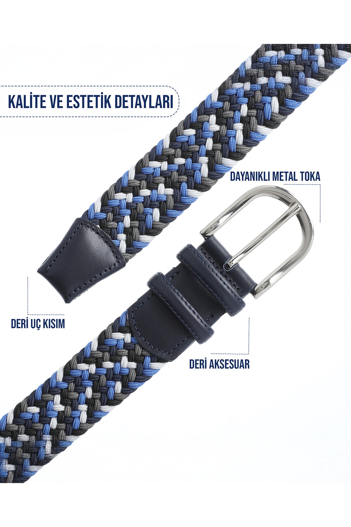 BOYD Rahat ve Şık Örgü Erkek Kemeri, Uniseks Kullanıma Uygun Kemer, Hakiki Deri Aksesuarlı Elastik Mavi - Karışık Erkek Kemer, 3.5 cm Genişlik
