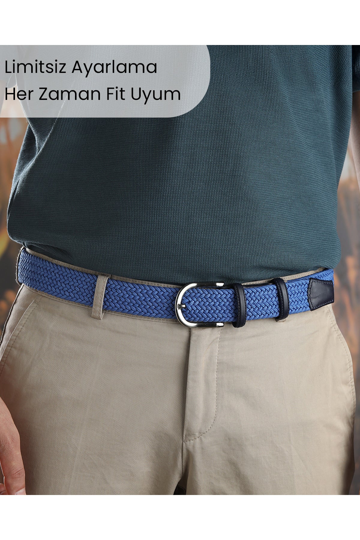 BOYD Rahat ve Şık Örgü Erkek Kemeri, Uniseks Kullanıma Uygun Kemer, Hakiki Deri Aksesuarlı Elastik Mavi Erkek Kemer, 3.5 cm Genişlik