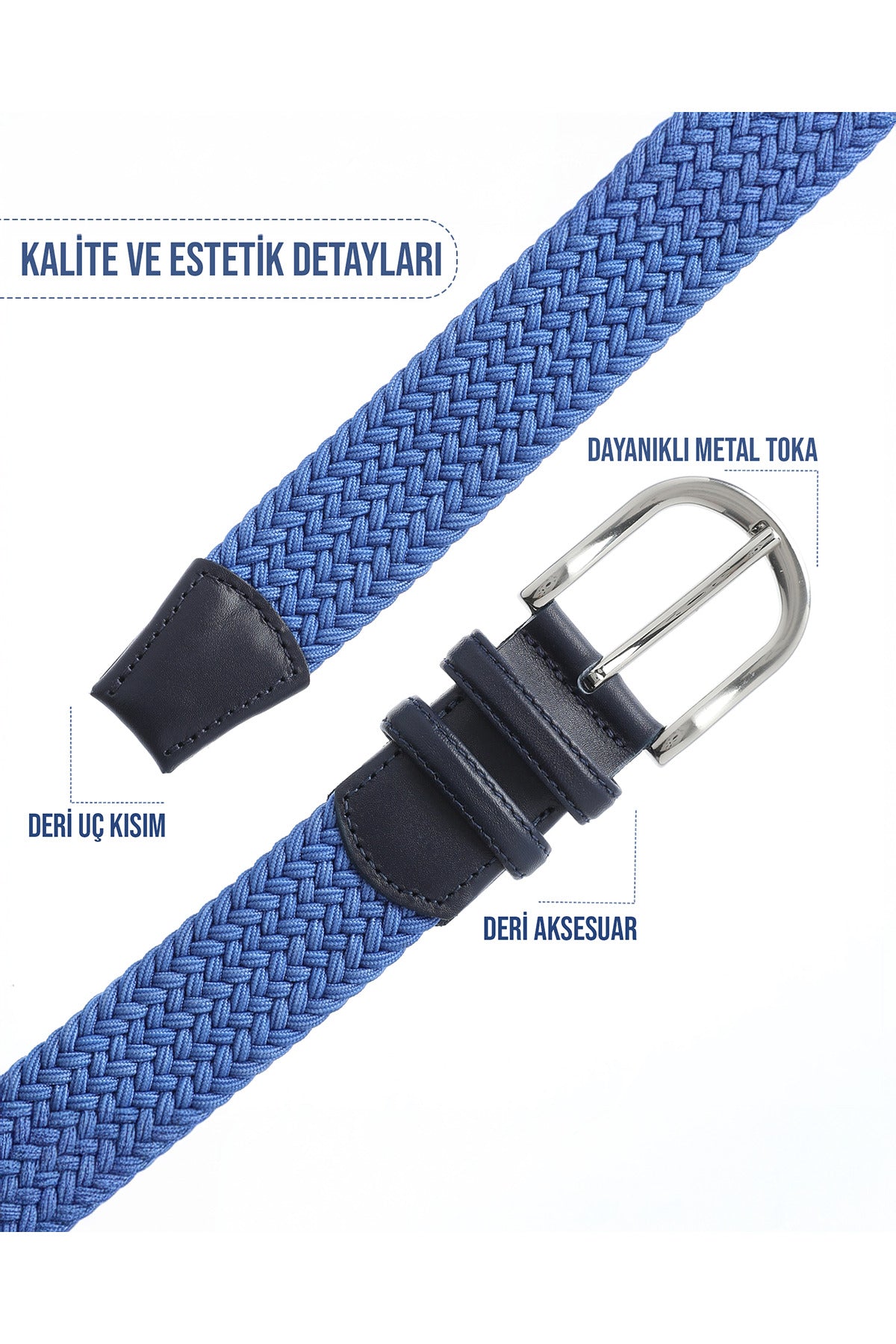 BOYD Rahat ve Şık Örgü Erkek Kemeri, Uniseks Kullanıma Uygun Kemer, Hakiki Deri Aksesuarlı Elastik Mavi Erkek Kemer, 3.5 cm Genişlik