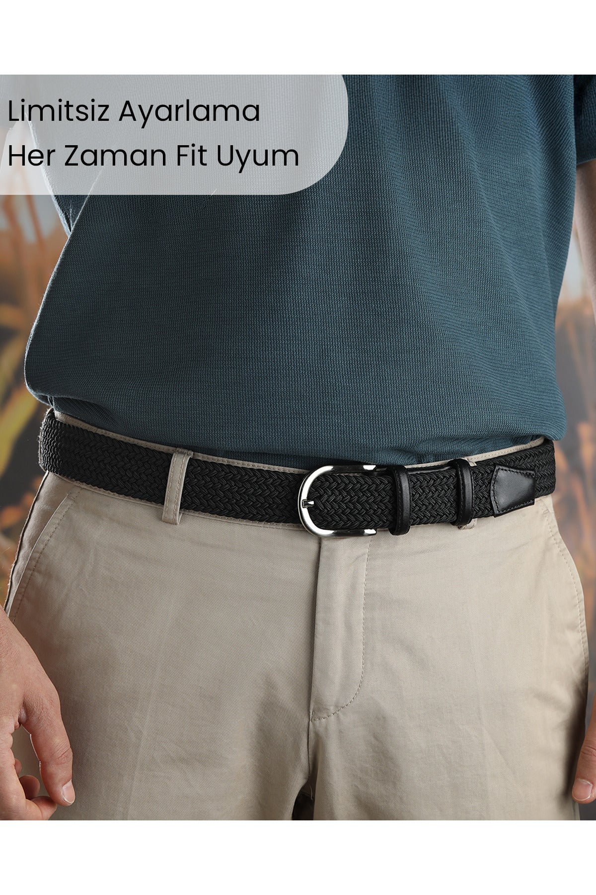 BOYD Rahat ve Şık Örgü Erkek Kemeri, Uniseks Kullanıma Uygun Kemer, Hakiki Deri Aksesuarlı Elastik Siyah Erkek Kemer, 3.5 cm Genişlik