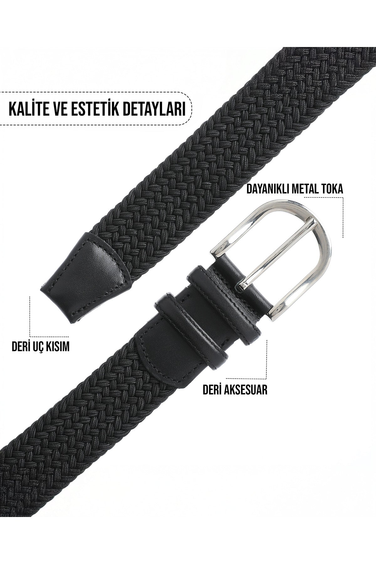 BOYD Rahat ve Şık Örgü Erkek Kemeri, Uniseks Kullanıma Uygun Kemer, Hakiki Deri Aksesuarlı Elastik Siyah Erkek Kemer, 3.5 cm Genişlik