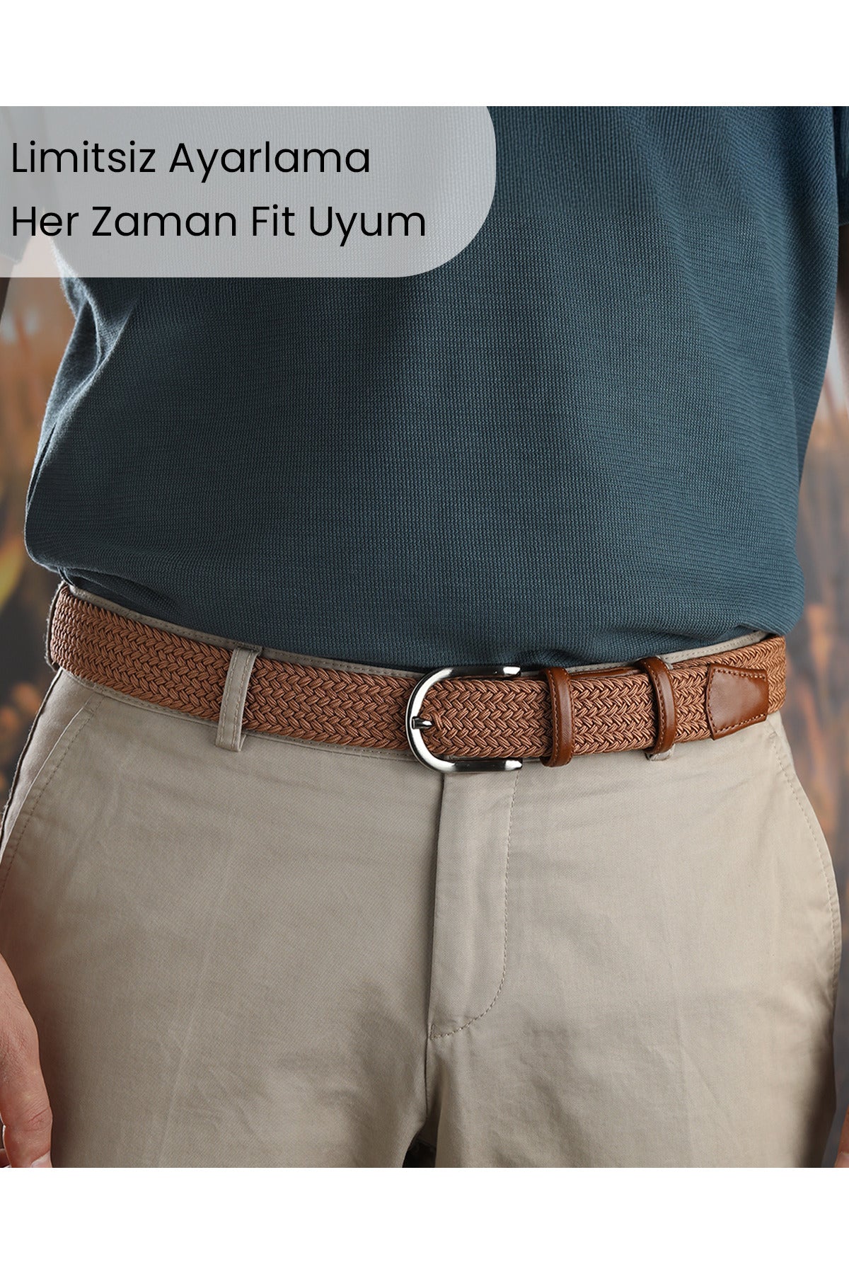 BOYD Rahat ve Şık Örgü Erkek Kemeri, Uniseks Kullanıma Uygun Kemer, Hakiki Deri Aksesuarlı Elastik Taba Erkek Kemer, 3.5 cm Genişlik