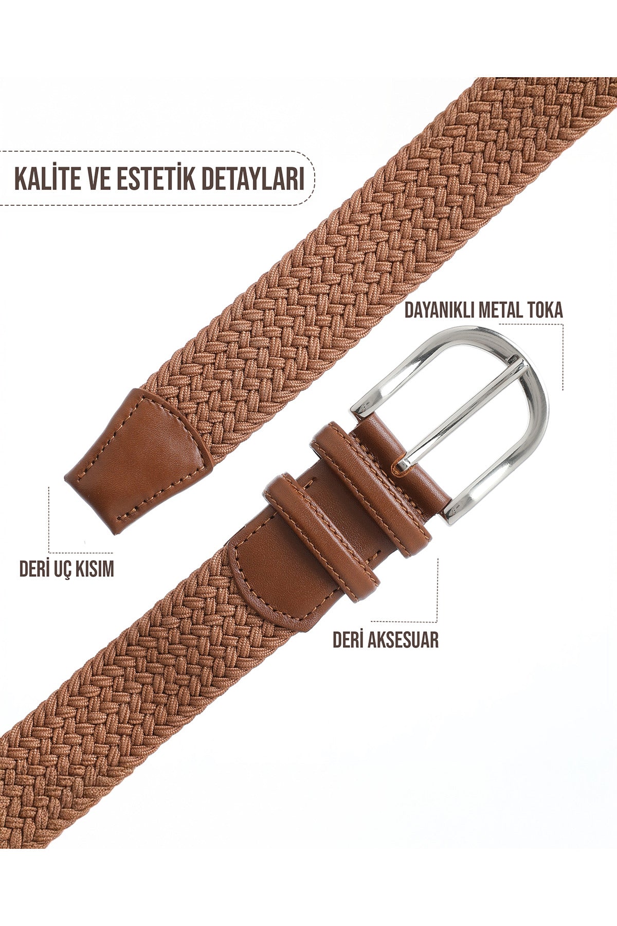 BOYD Rahat ve Şık Örgü Erkek Kemeri, Uniseks Kullanıma Uygun Kemer, Hakiki Deri Aksesuarlı Elastik Taba Erkek Kemer, 3.5 cm Genişlik