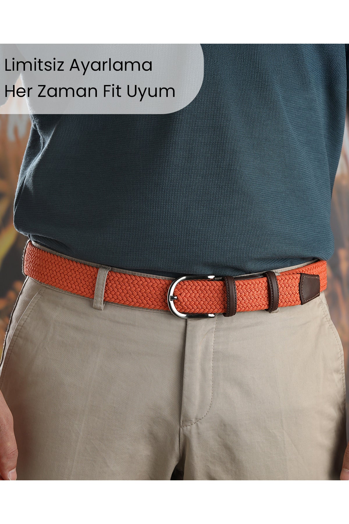 BOYD Rahat ve Şık Örgü Erkek Kemeri, Uniseks Kullanıma Uygun Kemer, Hakiki Deri Aksesuarlı Elastik Turuncu Erkek Kemer, 3.5 cm Genişlik