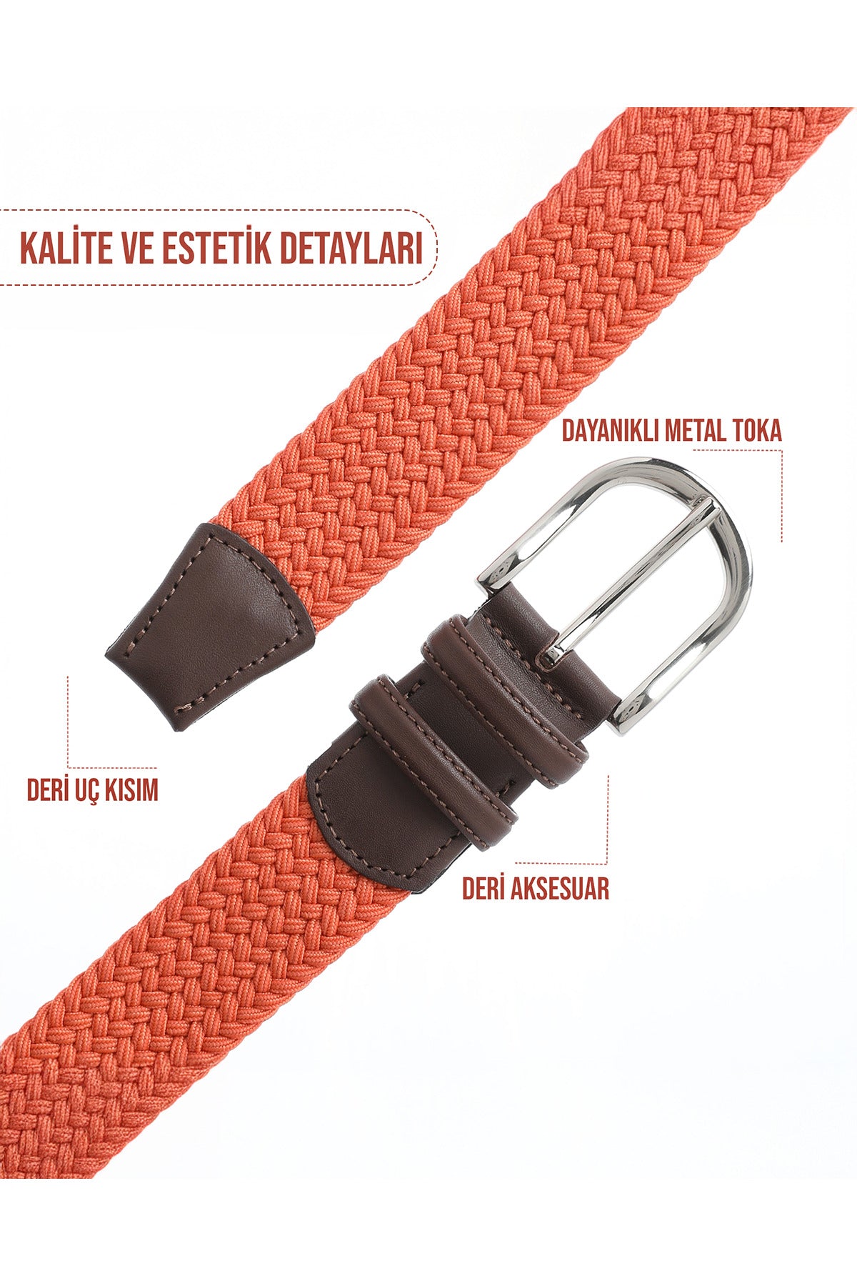 BOYD Rahat ve Şık Örgü Erkek Kemeri, Uniseks Kullanıma Uygun Kemer, Hakiki Deri Aksesuarlı Elastik Turuncu Erkek Kemer, 3.5 cm Genişlik